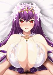 Rule 34 | 1boy, 1girl, animated, animated gif, bare shoulders, bikini, blush, bouncing breasts, breasts, breasts squeezed together, brooch, fate/grand order, fate (series), flower, grabbing, grabbing another&#039;s breast, hair flower, hair ornament, heart, heart brooch, hetero, huge breasts, jewelry, juno (pixiv32541104), looking at viewer, male pubic hair, open mouth, paizuri, paizuri under clothes, penis, pov, pubic hair, purple hair, red eyes, scathach (fate), scathach skadi (fate), scathach skadi (swimsuit ruler) (fate), sideboob, solo focus, straddling paizuri, swimsuit, tongue, veil, white bikini