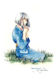 Rule 34 | 1girl, bob cut, claparo, closed eyes, grass, interlocked fingers, japanese clothes, kimono, original, own hands clasped, own hands together, praying, short hair, signature, silver hair, sitting, solo, watermark