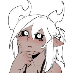Rule 34 | 1girl, aiko (less), bare shoulders, black sclera, collarbone, colored sclera, demon girl, demon horns, eyes visible through hair, hair between eyes, hand on own chin, horns, less, meme, original, pointy ears, portrait, short hair, simple background, solo, transparent, white background