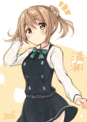 Rule 34 | 1girl, ^^^, artist name, bow, bowtie, character name, commentary request, cowboy shot, double bun, dress, green bow, green bowtie, hair bun, kantai collection, light brown hair, long sleeves, looking at viewer, michishio (kancolle), michishio kai ni (kancolle), pinafore dress, shirt, short twintails, single side bun, sleeveless, sleeveless dress, solo, sou (soutennkouchi), twintails, white shirt, yellow eyes