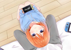 Rule 34 | 1girl, :&lt;, barefoot, between legs, blue eyes, blue hoodie, blush, breasts, casual, closed mouth, commentary, defeat, frown, go-toubun no hanayome, hair between eyes, hand between legs, handheld game console, highres, holding, holding handheld game console, hood, hood down, hoodie, indoors, knees up, large breasts, leaning back, looking at viewer, looking up, medium hair, nakano yotsuba, nintendo switch, orange hair, pout, sitting, sleeves past wrists, solo focus, sparkling eyes, straight hair, ten@ (tenatdam), twitter username, upturned eyes, v-shaped eyebrows