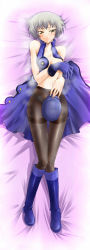 Rule 34 | 1girl, atlus, bare shoulders, boots, breasts, covering privates, covering breasts, covering crotch, dakimakura (medium), elizabeth (persona), from above, full body, hat, highres, long image, lying, pantyhose, persona, persona 3, segami daisuke, short hair, silver hair, sleeveless, smell, solo, sweat, tall image, yellow eyes