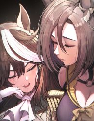 Rule 34 | 2girls, aiguillette, air groove (umamusume), animal ears, ascot, black background, blush, breasts, brown hair, cleavage, closed eyes, closed mouth, commentary, epaulettes, eyelashes, eyeshadow, gloves, gradient background, hair between eyes, hand on own cheek, hand on own face, horse ears, horse girl, large breasts, light particles, lips, long hair, makeup, marse (rokudaime), multicolored hair, multiple girls, o-ring, open mouth, parted bangs, portrait, simple background, smile, sparkle, streaked hair, sweatdrop, symboli rudolf (umamusume), two-tone hair, umamusume, white ascot, white gloves, white hair