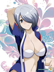 Rule 34 | 1girl, abstract background, arm behind head, blue eyes, blush, boku no hero academia, bra, breasts, cleavage, hair over one eye, jacket, large breasts, mitgard-knight, navel, open clothes, short hair, smile, solo, stomach, track jacket, u.a. gym uniform, underwear, white bra, white hair, yanagi reiko