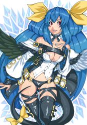 Rule 34 | 1girl, arc system works, asymmetrical wings, bare shoulders, belt, belt buckle, black panties, black thighhighs, blue hair, blue nails, bow, breasts, buckle, chest strap, choker, cleavage, collarbone, detached sleeves, dizzy (guilty gear), gluteal fold, guilty gear, hair ribbon, hand on own chest, highres, its just suppi, large breasts, long hair, multiple belts, nail polish, open mouth, panties, pirate, red eyes, ribbon, skindentation, solo, tail, tail bow, tail ornament, tail ribbon, thigh strap, thighhighs, twintails, underwear, very long hair, wide sleeves, wings, yellow bow, yellow ribbon