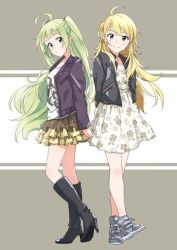Rule 34 | 2girls, artist request, bad id, bad twitter id, boots, dress, high heel boots, high heels, hoshii miki, idolmaster, idolmaster (classic), idolmaster million live!, jacket, leather, leather jacket, looking at viewer, multiple girls, shimabara elena, skirt, twintails