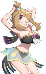 1girl absurdres adapted_costume bikini black_bikini blush brown_hair closed_mouth commentary_request creatures_(company) game_freak gonzarez grey_eyes highres looking_at_viewer may_(champion)_(pokemon) may_(pokemon) medium_hair nintendo official_alternate_costume pokemon pokemon_masters_ex simple_background smile solo swimsuit white_background