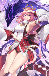 Rule 34 | 1girl, absurdres, arm up, bad id, bad twitter id, bare shoulders, breasts, collar, detached sleeves, fox, genshin impact, hair ornament, hand to forehead, highres, japanese clothes, large breasts, legs together, long sleeves, nasaniliu, pink hair, purple eyes, shadow, smile, solo, spirit, thick thighs, thighs, wand, yae miko