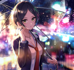 Rule 34 | 1girl, black hair, blurry, blurry background, blush, breasts, city lights, cleavage, collarbone, collared shirt, commentary request, earrings, hand up, hayami kanade, highres, holding, holding umbrella, idolmaster, idolmaster cinderella girls, jacket, jewelry, long sleeves, looking at viewer, mairo, medium breasts, necklace, necktie, open clothes, open jacket, open mouth, outdoors, parted bangs, rain, red necktie, revision, shirt, short hair, signature, solo, umbrella, white shirt, yellow eyes