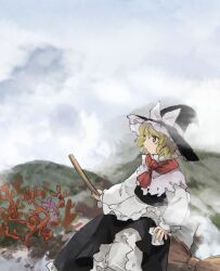 Rule 34 | 1girl, apron, black hat, black skirt, black vest, blonde hair, bow, broom, broom riding, cloud, commentary request, frilled apron, frilled hat, frills, hat, hat bow, highres, kaigen 1025, kirisame marisa, long sleeves, medium hair, outdoors, petticoat, shirt, sitting, skirt, solo, touhou, vest, waist apron, white apron, white bow, white shirt, witch hat, yellow eyes