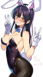 Rule 34 | 1girl, alternate costume, animal ears, areola slip, black hair, black leotard, blue bow, blue bowtie, bow, bowtie, breasts, bunny day, cowboy shot, detached collar, double v, fake animal ears, fake tail, fishnet pantyhose, fishnets, gloves, grin, hair between eyes, highres, kantai collection, leotard, long hair, looking at viewer, medium breasts, orange eyes, oyashio (kancolle), pantyhose, playboy bunny, rabbit ears, rabbit tail, simple background, smile, solo, strapless, strapless leotard, tail, taketora suzume, v, white background, white gloves, yellow eyes