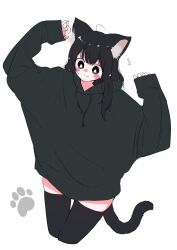 Rule 34 | 1girl, ahoge, animal ears, arms up, black eyes, black hair, black hoodie, blush, bright pupils, cat ears, cat girl, cat tail, commentary request, cowboy shot, drawstring, eyelashes, highres, hood, hoodie, long hair, looking down, megateru, messy hair, original, oversized clothes, simple background, sleeves past wrists, smile, solo, tail, tareme, thighhighs, white background, white pupils, zettai ryouiki