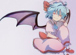 Rule 34 | 1girl, absurdres, ascot, bat wings, blue hair, capelet, center frills, commentary, fang, fang out, frilled capelet, frills, hair between eyes, hat, highres, looking at viewer, mob cap, red eyes, red footwear, remilia scarlet, shoes, short hair, short sleeves, simple background, sitting, smile, solo, squinting, touhou, wings, wrist cuffs, yutamaro