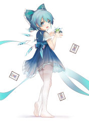 Rule 34 | 1girl, :d, ahoge, ass, back bow, blue bow, blue dress, blue eyes, blue hair, blush, bow, card, cirno, dress, frilled bow, frills, frozen frog, full body, hair between eyes, hair bow, highres, ice, ice wings, looking at viewer, looking back, no shoes, open mouth, pantyhose, petticoat, see-through, short hair, short sleeves, simple background, siyumu, smile, soles, solo, standing, thighband pantyhose, touhou, unconnected marketeers, white background, white pantyhose, wings