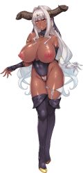 Rule 34 | 1girl, armlet, asymmetrical gloves, bare shoulders, boots, bracelet, breasts, censored, cleavage, colored pubic hair, crotchless, crotchless leotard, dark-skinned female, dark skin, demon girl, facing viewer, female focus, female pubic hair, full body, functionally nude, game cg, gloves, hair intakes, highleg, highleg leotard, highres, horns, huge breasts, jewelry, legs together, leotard, light smile, long hair, looking at viewer, mismatched gloves, monster girl, mosaic censoring, muchimuchi dekapai mara gui maou-sama to onboro yojouhan dousei seikatsu, nipples, official art, orcsoft, phrygia ornstein, pointy ears, pubic hair, sian, solo, standing, thigh boots, thighhighs, topless, transparent background, very long hair, white gloves, white hair, white pubic hair