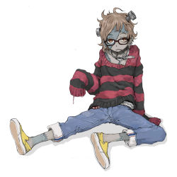 Rule 34 | androgynous, bad id, bad pixiv id, belt, brown hair, collar, denim, earrings, gender request, glasses, jeans, jewelry, pants, patch, red eyes, scar, screw, solo, stitches, striped, sweater, tamaoki benkyou, zombie