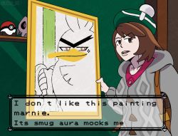 Rule 34 | 1girl, angry, arm at side, artist request, bag, breasts, brown eyes, brown hair, child, clenched hand, collarbone, creatures (company), dress, duskull, english text, eyelashes, game freak, gameplay mechanics, gen 3 pokemon, gen 8 pokemon, gloria (pokemon), green headwear, grey jacket, hand up, hat, highres, holding, humor, indoors, it&#039;s always sunny in philadelphia, jacket, long sleeves, looking at viewer, marnie (pokemon), matching hair/eyes, medium hair, meme, neck, nintendo, open mouth, painting (object), parody, pink dress, poke ball, pokemon, pokemon (creature), pokemon swsh, side bangs, sidelocks, sirfetch&#039;d, small breasts, smug, source request, standing, talking, tam o&#039; shanter, unibrow, v-shaped eyebrows