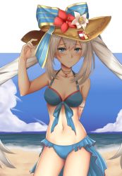 Rule 34 | 1girl, arcie albano, armlet, beach, bikini, blue bikini, blue eyes, breasts, cleavage, cloud, contrapposto, cowboy shot, day, embarrassed, fate/grand order, fate (series), flower, hat, hat flower, jewelry, long hair, looking at viewer, marie antoinette (fate), marie antoinette (swimsuit caster) (third ascension) (fate), medium breasts, navel, necklace, ocean, silver hair, sky, solo, standing, stomach, sun hat, swimsuit, twintails, very long hair