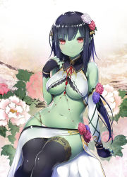 Rule 34 | 1girl, 47agdragon, arm support, bell, black bow, black thighhighs, blush, bow, breasts, character request, cleavage, closed mouth, colored skin, commentary request, fingernails, flower, green skin, groin, hair bell, hair between eyes, hair flower, hair ornament, hand up, highres, jingle bell, lace, lace-trimmed legwear, lace trim, large breasts, long hair, looking at viewer, navel, pointy ears, purple flower, purple rose, red eyes, red flower, red rose, revealing clothes, rose, sitting, smile, solo, tensei kyuuketsuki san wa ohirune ga shitai, thighhighs, underboob, white flower, white rose, wrist cuffs