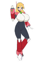 Rule 34 | 1girl, absurdres, alia (mega man), alternate breast size, android, arm cannon, armor, blonde hair, blue eyes, blush, bodysuit, breasts, funaya (a2brasd), gloves, green eyes, headset, highres, huge breasts, large breasts, long hair, looking at viewer, mega man (series), mega man x (series), open mouth, robot ears, simple background, smile, solo, weapon, white background, white gloves