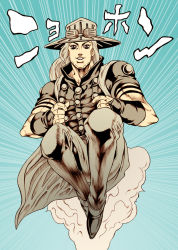 Rule 34 | 1boy, bad id, bad pixiv id, cape, collective-mind, derivative work, gyro zeppeli, hat, jojo no kimyou na bouken, jumping, long hair, male focus, parody, scene reference, solo, steel ball run