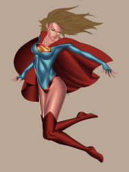 Rule 34 | 1girl, alien, blonde hair, boots, cape, dc comics, fingerless gloves, flying, full body, gloves, highres, kryptonian, leotard, red cape, red footwear, s shield, shoes, simple background, skin tight, solo, supergirl, superman (series)