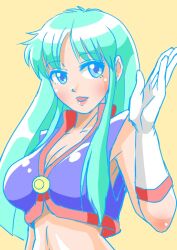 Rule 34 | 1girl, blue eyes, breasts, cleavage, gloves, green hair, kirishima reika, large breasts, long hair, looking at viewer, midriff, navel, open mouth, smile, solo, taito, time gal