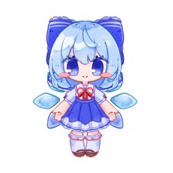 Rule 34 | 1girl, blue bow, blue dress, blue hair, blush stickers, bow, bowtie, brown footwear, chibi, cirno, detached wings, dress, fairy, fairy wings, frilled bow, frills, hair between eyes, hair bow, highres, ice, ice wings, inukkomaru, looking at viewer, pinafore dress, red bow, red bowtie, short hair, sidelocks, simple background, sleeveless, sleeveless dress, smile, socks, solo, standing, striped bow, striped bowtie, striped clothes, touhou, white background, white sleeves, white socks, wings