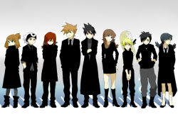 Rule 34 | 4girls, 5boys, bad id, bad pixiv id, black dress, black footwear, black gloves, black hair, blonde hair, blue eyes, blue oak, boots, brendan (pokemon), brown eyes, brown hair, closed eyes, coat, creatures (company), crossed arms, dress, dress shirt, earrings, ethan (pokemon), game freak, ghost in the shell, ghost in the shell lineup, gloves, gradient background, green (pokemon), green eyes, grey hair, hand on own hip, hands in pockets, hat, hat ribbon, high heel boots, high heels, hip focus, jewelry, knees, kris (pokemon), legs, lineup, long hair, long sleeves, may (pokemon), multiple boys, multiple girls, necklace, necktie, nintendo, one eye closed, overcoat, own hands clasped, own hands together, pants, pantyhose, pokemon, pokemon adventures, ponytail, popped collar, profile, red (pokemon), red eyes, red hair, reverse trap, ribbon, shadow, shirt, shoes, short hair, short ponytail, short twintails, silver (pokemon), sleeves pushed up, spiked hair, standing, star (symbol), star earrings, straw hat, sun hat, trench coat, turtleneck, twintails, wink, yellow (pokemon), yellow eyes