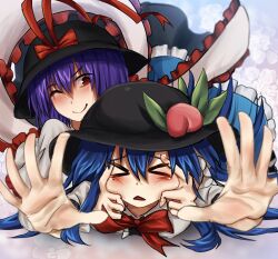 &gt;_&lt; 2girls black_skirt blue_hair bow cheek_pinching girl_on_top hagoromo hat hat_bow hat_ornament hinanawi_tenshi leaf_hat_ornament long_hair long_sleeves lying multiple_girls nagae_iku on_ground on_stomach outstretched_hand peach_hat_ornament pinching purple_hair red_bow red_eyes shawl shirt short_hair short_sleeves skirt touhou white_shirt yukine_0930