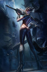 Rule 34 | 1girl, ass, back tattoo, bird, bodysuit, breath, chinese commentary, colored skin, crow, gun, head-mounted display, high heels, highres, holding, holding gun, holding weapon, long hair, looking at viewer, looking back, overwatch, overwatch 1, ponytail, purple skin, rifle, sniper rifle, solo, spider tattoo, standing, tattoo, visor, wang chen, weapon, widowmaker (overwatch)