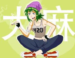 Rule 34 | 1girl, 420, 420chan, absurdres, bandaged arm, bandages, blue eyes, blue pants, breasts, cannabis, colored skin, drugs, eyelashes, fingerless gloves, gloves, green hair, hat, highres, indian style, joint (drug), marijuana, navel, non-web source, open mouth, pants, pink hat, shoes, sitting, smile, smoke, sneakers, solo, tank top, text background, translation request, white skin