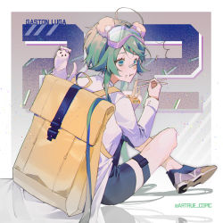 Rule 34 | 1girl, ahoge, animal, artist name, artue, backpack, bag, bandaid, bandaid on face, bandaid on nose, black shorts, chopsticks, eating, food, food on face, full body, goggles, goggles on head, green eyes, green hair, highres, instagram username, original, shirt, shoes, shorts, sneakers, thigh strap, white shirt