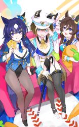 Rule 34 | 3girls, :q, absurdres, alternate costume, averting eyes, beret, between breasts, blue eyes, breasts, cane, card, cheval grand (umamusume), cleavage, closed mouth, commentary, couch, ear piercing, earrings, embarrassed, hair between eyes, hair ornament, hat, hat tug, highres, holding, holding cane, horse girl, jewelry, kik1, long hair, looking at viewer, medium breasts, mole, mole under eye, multiple girls, necktie, nontraditional playboy bunny, pantyhose, piercing, purple eyes, siblings, simple background, sisters, stud earrings, thighhighs, tongue, tongue out, twintails, umamusume, v sisters, verxina (umamusume), vivlos (umamusume)