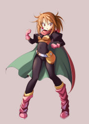 Rule 34 | 1girl, bad id, bad pixiv id, bag, bodysuit, boots, brown eyes, brown hair, cape, chunsoft, covered navel, dragon quest, dragon quest iii, enix, full body, gloves, iga (nonono tsuushin), knee boots, pink background, pink footwear, puffy sleeves, short hair, solo, thief (dq3), twintails