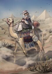 Rule 34 | 1girl, animal, camel, camel riding, commentary request, day, desert, full body, highres, holding, holding reins, long sleeves, nataro 1116, open mouth, orange eyes, original, outdoors, pyramid (structure), reins, riding, shadow, sitting, sky, solo, sweat, turban, wide sleeves, wind