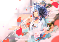 Rule 34 | 1girl, between fingers, blue eyes, blue hair, cherry blossoms, collarbone, cowboy shot, hair ornament, hair rings, hair stick, holding, kaku seiga, matching hair/eyes, parted lips, petals, puffy short sleeves, puffy sleeves, retsuna, ribbon, rose petals, short hair, short sleeves, smile, solo, string, string of fate, touhou, upper body