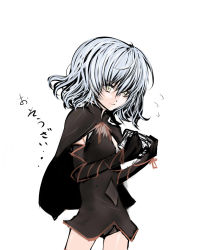 Rule 34 | 00s, 1girl, bell zephyr, black dress, black gloves, dress, expressionless, gloves, grey eyes, kae (artist), looking at viewer, night wizard, silver hair, simple background, skin tight, solo, standing, white background