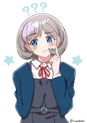 Rule 34 | 1girl, :t, ?, ??, absurdres, blue eyes, blue jacket, blush, closed mouth, collared shirt, commentary, dress, finger to cheek, grey dress, grey hair, highres, jacket, long sleeves, looking to the side, love live!, love live! superstar!!, neck ribbon, open clothes, open jacket, pinafore dress, pout, raised eyebrow, red ribbon, ribbon, rinon42600, school uniform, shirt, short hair, sleeveless, sleeveless dress, solo, standing, star (symbol), symbol-only commentary, tang keke, twitter username, upper body, white shirt, winter uniform, yuigaoka school uniform