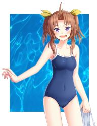 Rule 34 | 10s, 1girl, ahoge, alternate costume, brown hair, collarbone, competition school swimsuit, covered navel, hair ribbon, kagerou (kancolle), kantai collection, looking at viewer, one-piece swimsuit, open mouth, purple eyes, ribbon, school swimsuit, solo, swimsuit, tks (526tks), twintails