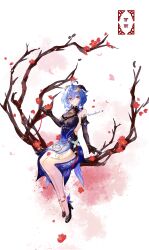 Rule 34 | 1girl, absurdres, ahoge, bare legs, bare shoulders, black footwear, black gloves, blue dress, blue hair, commentary request, detached sleeves, dress, ganyu (genshin impact), ganyu (twilight blossom) (genshin impact), genshin impact, gloves, high heels, highres, horns, long sleeves, looking at viewer, official alternate costume, sakuradani, short hair, sitting, solo, thighs, white background