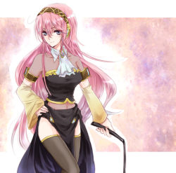 Rule 34 | 1girl, bad id, bad pixiv id, blue eyes, detached sleeves, headphones, long hair, megurine luka, outlaw, pink hair, skirt, smile, solo, thighhighs, unabara misumi, vocaloid, whip