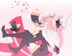 Rule 34 | 1boy, astolfo (fate), black bow, bow, braid, cape, cat boy, fate/apocrypha, fate (series), gauntlets, hair bow, hair intakes, horn (instrument), male focus, multicolored hair, pink hair, solo, srinitybeast, streaked hair, tail, tail bow, tail ornament, thighhighs, trap, white hair