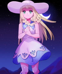 Rule 34 | 1girl, ankea (a-ramo-do), bad id, bad pixiv id, bare shoulders, blonde hair, braid, creatures (company), crescent moon, dress, female focus, game freak, green eyes, hands up, hat, highres, kneehighs, lillie (pokemon), long hair, moon, mountain, night, night sky, nintendo, outdoors, own hands together, pokemon, pokemon sm, sky, sleeveless, sleeveless dress, smile, socks, solo, standing, star (sky), starry sky, sun hat, twin braids, white dress, white hat