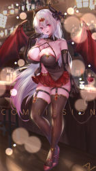 Rule 34 | 1girl, alcohol, bar (place), bare shoulders, black bow, black gloves, black thighhighs, blurry, blush, bottle, bow, breasts, cleavage, commission, cup, demon girl, demon horns, demon tail, demon wings, depth of field, drinking glass, elbow gloves, full body, gloves, gradient hair, hair ornament, hand up, high heels, highres, horn bow, horn ornament, horns, indoors, large breasts, long hair, looking at viewer, miniskirt, multicolored hair, navel, nolmo, original, parted lips, pink hair, pleated skirt, pointy ears, red eyes, red footwear, red skirt, silver hair, skindentation, skirt, smile, solo, standing, stool, tail, thighhighs, thighs, wine, wine bottle, wine glass, wings