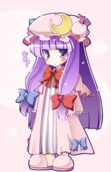 Rule 34 | 1girl, :&lt;, bow, crescent, crescent moon, female focus, hair bow, hat, iganseijin, jitome, long hair, moon, mukyuu, no nose, patchouli knowledge, purple eyes, purple hair, ribbon, robe, slippers, solo, standing, touhou