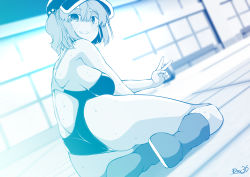 Rule 34 | 1girl, alternate breast size, alternate costume, ass, back, backlighting, blue theme, blush, boots, breasts, commentary request, competition swimsuit, flat cap, full body, grin, hair bobbles, hair ornament, hat, highres, indoors, kagiyama shachou, kawashiro nitori, large breasts, looking at viewer, looking to the side, medium hair, monochrome, one-piece swimsuit, pool, sideboob, sidelocks, smile, solo, sweat, swimsuit, thighs, touhou, two side up, v