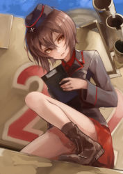 Rule 34 | 10s, 1girl, ankle boots, black footwear, black hat, black jacket, black socks, boots, brown eyes, brown hair, clipboard, closed mouth, commentary, dress shirt, emblem, garrison cap, girls und panzer, hat, holding, jacket, kuromorimine military uniform, light frown, long sleeves, looking at viewer, military, military hat, military uniform, military vehicle, miniskirt, motor vehicle, nagasawa tougo, nishizumi maho, on one knee, pleated skirt, red shirt, red skirt, shirt, short hair, skirt, socks, solo, tank, tiger i, uniform