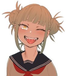 Rule 34 | 10s, 1girl, artist name, blush, boku no hero academia, double bun, fangs, fangs out, gradient hair, messy hair, multicolored hair, neckerchief, nhadraw, one eye closed, school uniform, serafuku, short hair, simple background, smile, solo, toga himiko, tongue, tongue out, upper body, white background, yellow eyes