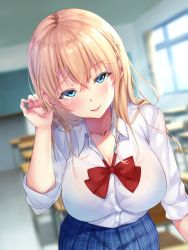 Rule 34 | :d, blonde hair, blue eyes, blue skirt, bow, bowtie, breasts, classroom, cleavage, collarbone, collared shirt, curtains, hair ornament, tucking hair, highres, indoors, large breasts, leaning forward, long hair, long sleeves, looking at viewer, open mouth, original, plaid, plaid skirt, pleated skirt, red bow, red bowtie, school uniform, shirt, sidelocks, skirt, sleeves rolled up, smile, solo, white shirt, window, x hair ornament, yutsuki tsuzuri, yuzuki tsuzuru